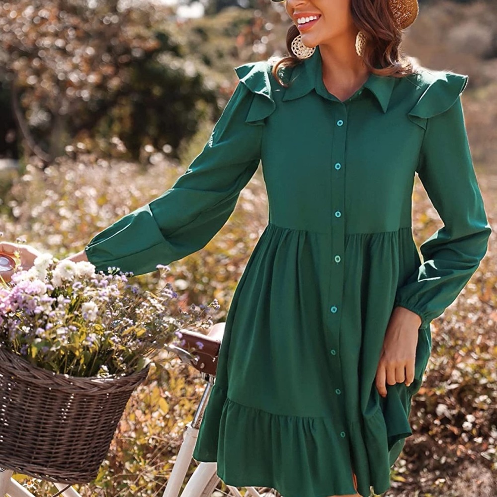 Makemechic Women's Solid Long Sleeve Ruffle Trim … - image 2